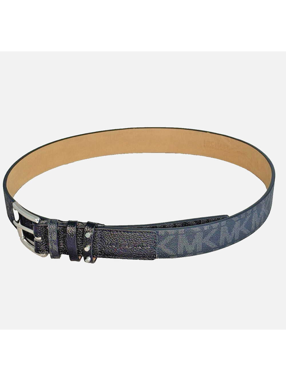Michael Kors MK Luggage Logo Black Monogram Belt Silver Stud Buckle 37" Sz S EUC